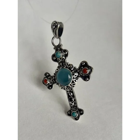 Handcrafted Agate Cut Gemstone Cross 925 Sterling Silver - Picture 6 of 16